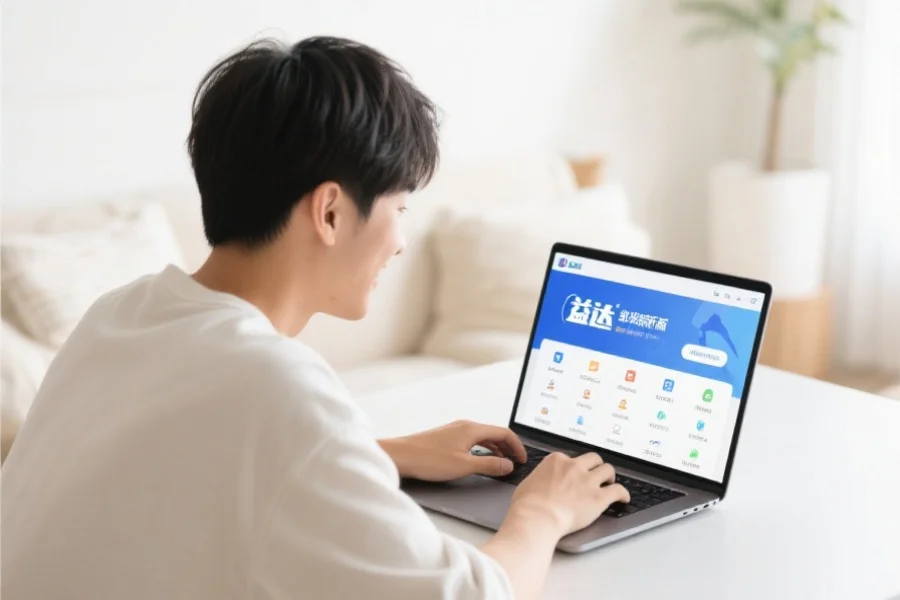 一位年轻用户在明亮舒适的室内环境中愉快地使用笔记本电脑，屏幕上展示大众客户端新版界面